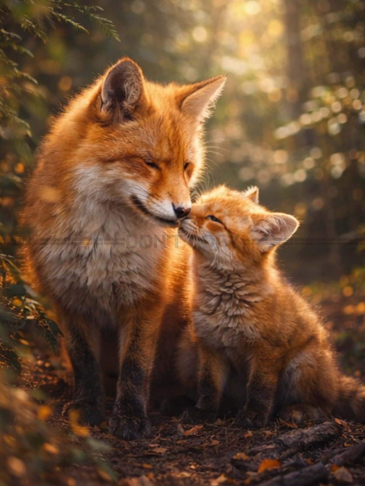 Tirage photo artistique – Renard et renardeau en forêt – Scène animale – 15x20