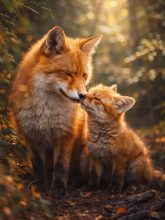 Tirage photo artistique – Renard et renardeau en forêt – Scène animale – 15x20