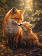 Tirage photo artistique – Renard et renardeau en forêt – Scène animale – 15x20