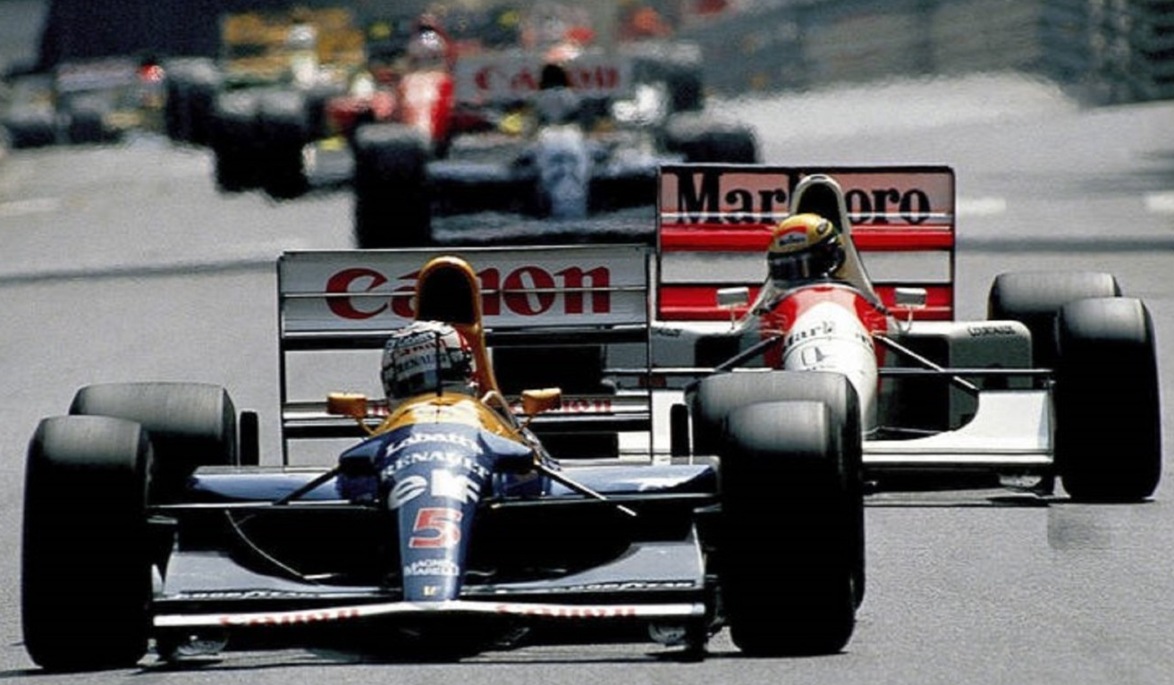 Photo Nigel Mansell devant Ayrton Senna et Alain Prost –  F1 Années 1980 – 15×20