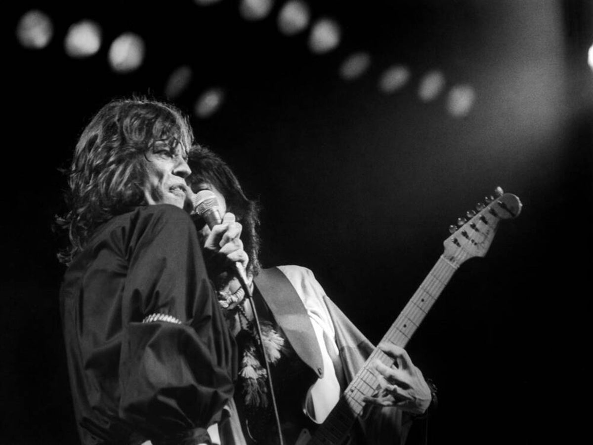 Photo Mick Jagger & Ronnie Wood des Rolling Stones sur scène en 1976 - 15 x 20