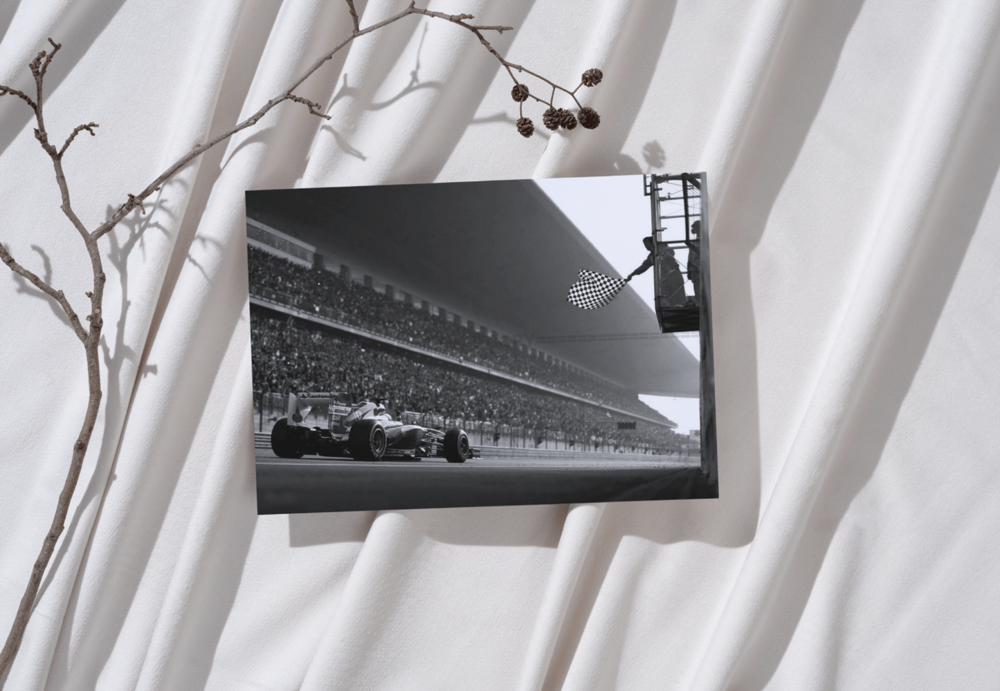 Photo Fernando Alonso – Ferrari F1 – Ligne d'Arrivée et Drapeau à Damier – 15×20