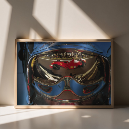 Photo Rubens Barrichello – Ferrari en Miroir - Vue à travers un Casque – 15×20
