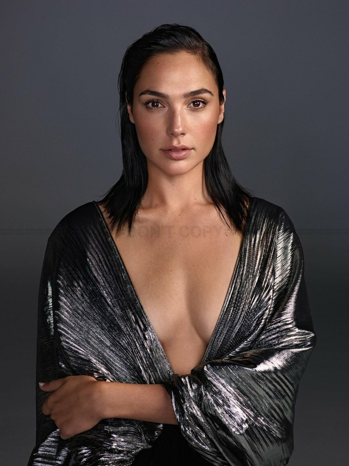 Photo Gal Gadot avec les cheveux mouillés et un vêtement argenté en 2017 - 15x20