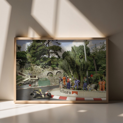 Photo Ayrton Senna – Lotus F1 – Grand Prix de Monaco (1985) – Formule 1 – 15×20