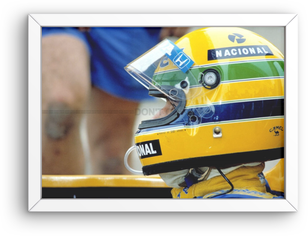 Photo Encadrée Ayrton Senna – Casque iconique Nacional – F1 Jerez (1987) – 15×20