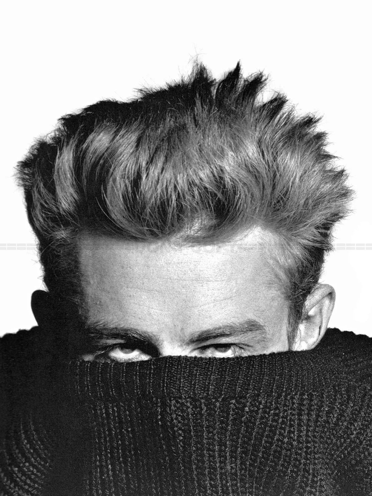 Photo James Dean cachant son visage derrière un col roulé noir en 1955 - 15x20