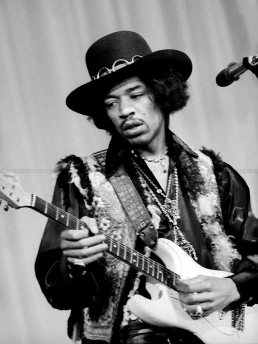 Photo Jimi Hendrix jouant d'une guitare électrique Fender Stratocaster - 15 x 20