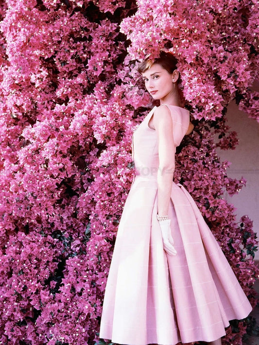 Photo Audrey Hepburn devant des fleurs vêtue d'une robe Givenchy en 1955 - 15x20