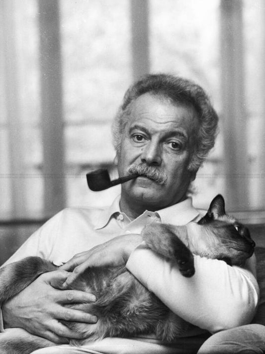 Photo Georges Brassens - Pipe à la bouche et chat dans ses bras | 1974 - 15 x 20