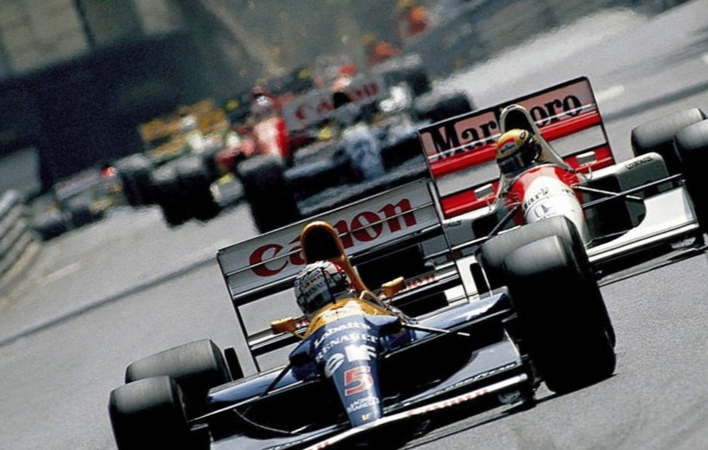 Photo Nigel Mansell devant Ayrton Senna et Alain Prost –  F1 Années 1980 – 15×20