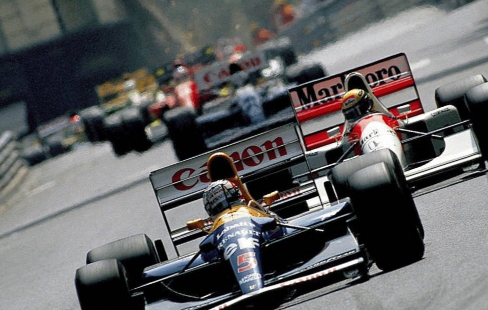 Photo Nigel Mansell devant Ayrton Senna et Alain Prost –  F1 Années 1980 – 15×20