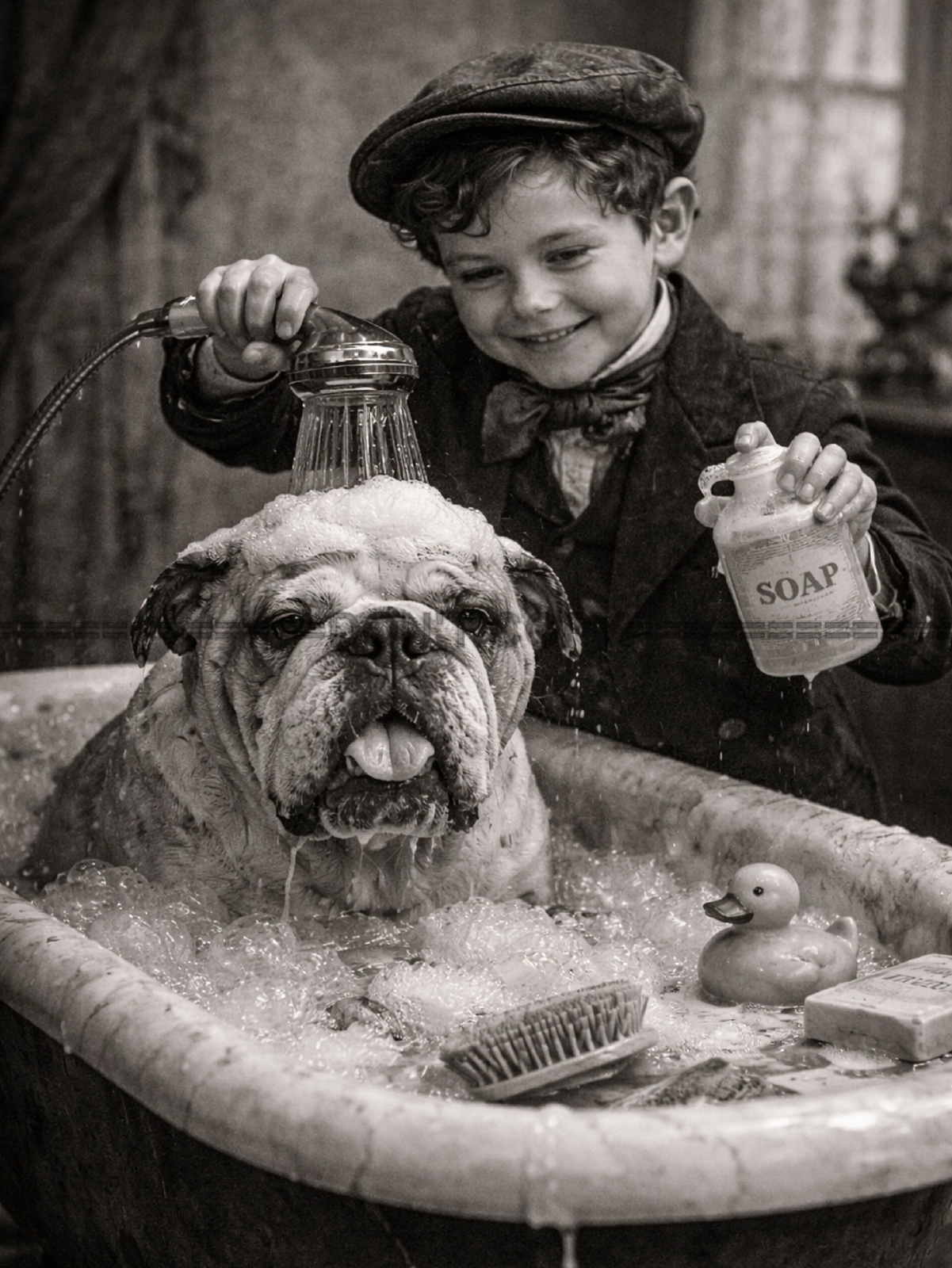 Tirage photo artistique – Scène enfant et chien noir et blanc – Rétro – 15x20
